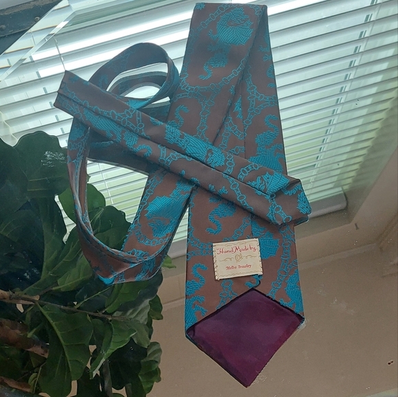 Handmade Tie Teal Chain Brown Jacquard Dragon Classic USA Made Luxury Necktie VG - Picture 3 of 5